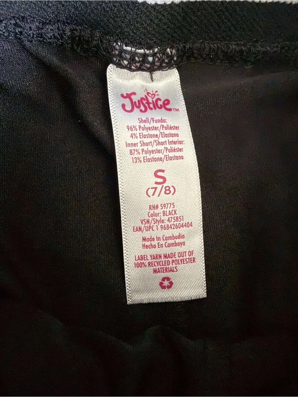 Justice Girls Black Pleated Skort Elastic Pull-On Waist Size 7/8